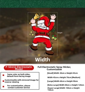 Size chart for Santa Claus electrostatic window stickers in five different dimensions