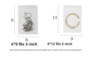 Detailed size guide for PVC jewelry storage bags showing 6x8cm and 9x13cm dimensions