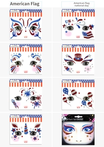 Macro view of patriotic American flag face stickers with glitter and rhinestone details