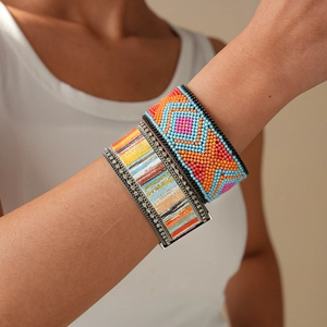 Bohemian Wide Bracelet Leather Bead Rhinestone Ethnic Style Magnetic Clasp Vacation Fashion For Women
