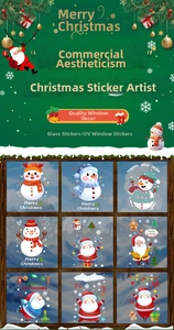 Detailed UV window stickers showing cartoon Santa Claus, snowman and gingerbread man designs