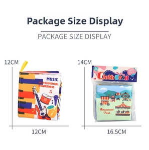 Detailed dimensions of infant soft cloth books featuring musical and amusement park themes
