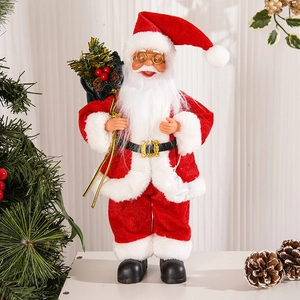Detail of 12-inch standing Santa doll with gold glasses and festive gift bag decor