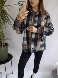 Women's vintage plaid shirt in thick navy and beige flannel fabric, oversized casual fit