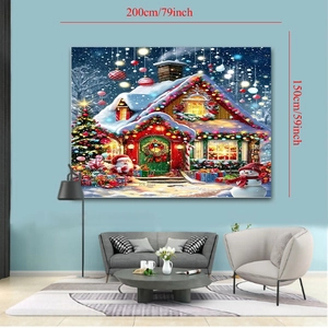 Detail of Christmas wall tapestry showing dimensions 200x150 cm in a modern living room