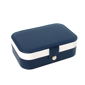 Minimalist portable dual-layer jewelry organizer in navy blue and white PU leather