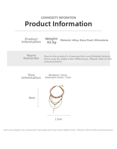 Detailed size specifications for layered pearl and cross pendant necklace with rhinestones