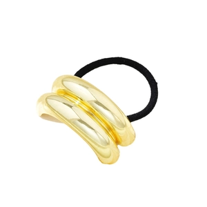 Elegant gold metal tube elastic hair tie for women with a sleek polished finish on white