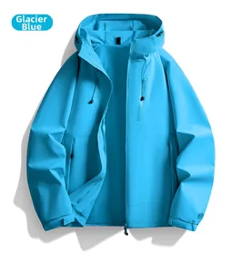 Detail of Glacier Blue waterproof outdoor jacket showing zipper pockets and adjustable cuffs