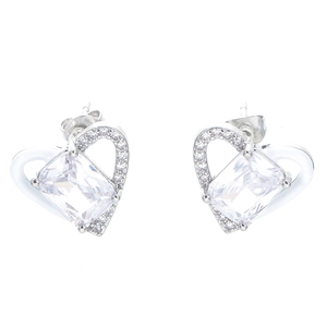 Chic heart-shaped stud earrings with rectangular central zircon and micro-pave crystals