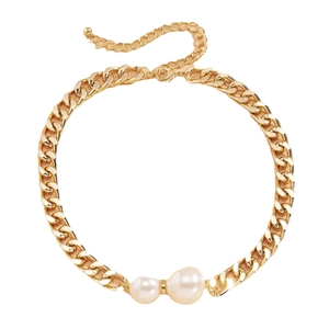 Chunky gold chain necklace featuring baroque pearls and flat cuban link for women