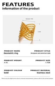 Detailed view of wide 18K gold plated stainless steel geometric hollow ring with dimensions