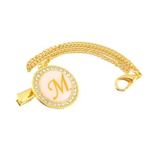Golden pacifier clip with rhinestone initial M and elegant double metal chain links