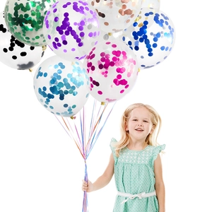 Detail of 12-inch clear balloons with colorful round confetti and bright silk ribbons