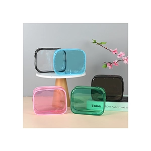 Portable transparent PVC makeup bags set in various colors with zippers and waterproof design