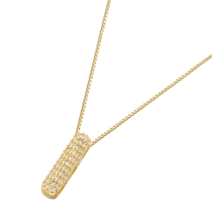 Detailed close-up of a gold rectangle pendant necklace with micropave zircon settings