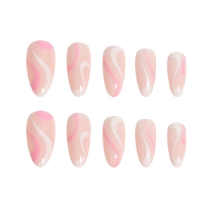Pink and white marble wave almond press-on nails set displayed on white background
