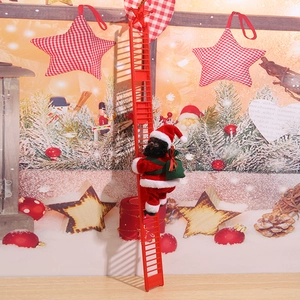 Close-up of electric Black Santa Claus climbing a red ladder for Christmas decor