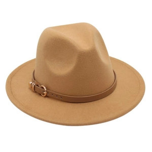 Close-up of khaki wool fedora hat featuring a brown leather band and gold metal buckle