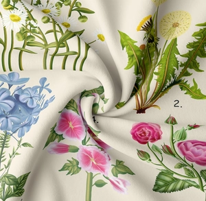 Close-up of vintage floral tapestry fabric showing spiral texture and botanical prints