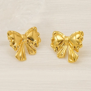 Elegant 18k gold plated stainless steel bow stud earrings with a polished mirror finish