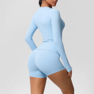 Women's light blue long sleeve yoga set with high waist compression shorts