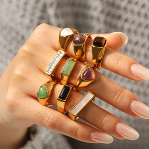 Vintage gold stainless steel rings set with natural shell and teardrop gemstones