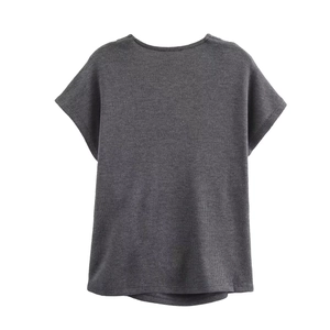 Close-up of charcoal grey short sleeve top featuring premium ribbed knit fabric texture