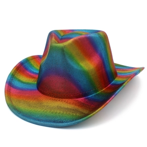 Detailed close-up of rainbow striped cowboy hat with metallic glitter fabric texture