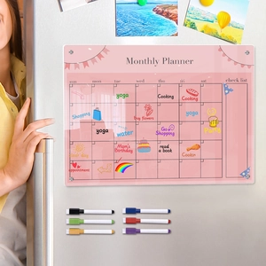 Close-up of magnetic acrylic monthly planner on fridge with six colorful markers