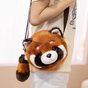 Cute cartoon red panda plush crossbody bag with fluffy striped tail for kids and girls