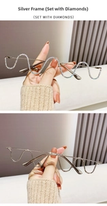 Detailed comparison of wavy silver metal eyewear frames with and without rhinestones