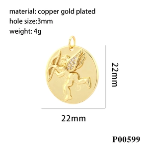 Macro view of 22mm gold-plated cupid angel pendant with zircon wings and dimensions