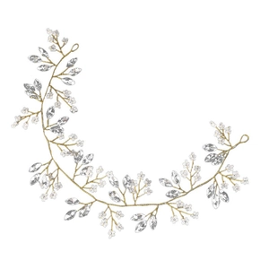Macro detail of bridal hair vine with golden wire, marquise rhinestones and small white beads
