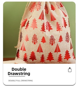 Detail view of double pull drawstring on a linen Christmas gift bag with red tree prints