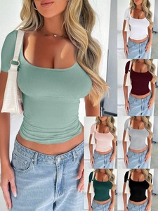 Women Slim Fit Crop Top T-Shirt Square Neck Short Sleeve Solid Color Casual Sexy Summer Polyester Spandex