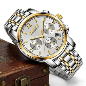 Elegant two-tone stainless steel men's chronograph watch with calendar and leather box.