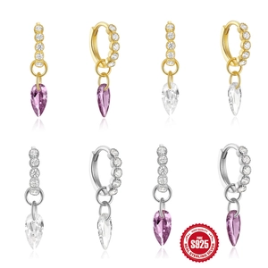 925 Sterling Silver Hoop Earrings With Teardrop Zircon Pendant Geometric French Style Sparkling Jewelry For Women