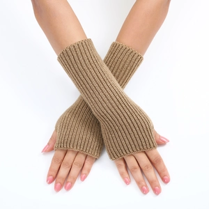 Detail of khaki striped knitted fingerless gloves showing the ribbed texture on sleeves