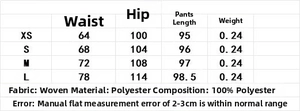 Tableau des tailles de pantalon femme avec mesures XS S M L et informations tissu tissé