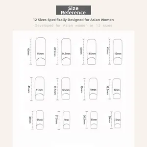 Size chart showing 12 different dimensions for glitter butterfly champagne long press-on nails