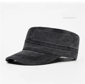 Detail view of washed cotton cadet cap with metal eyelets and parallel stitching lines