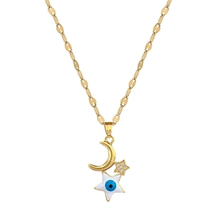 Luxury gold titanium necklace featuring moon and star pendants with evil eye enamel charms