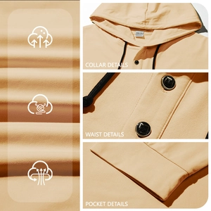 Detailed close-up of collar and waist stitching on this orange hooded sweatshirt