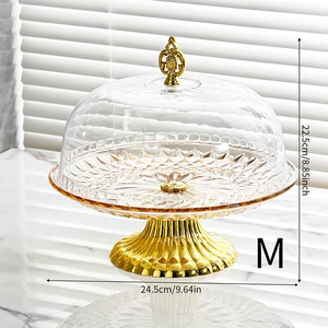 Detailed view of Medium size golden cake stand with patterned clear lid and dimensions
