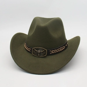 Detail of olive green wool felt cowboy hat with bronze bull head buckle and leather strap
