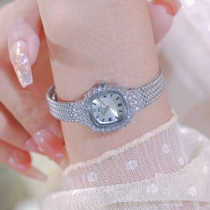 Elegant silver square watch with diamond bezel and metal mesh strap for women