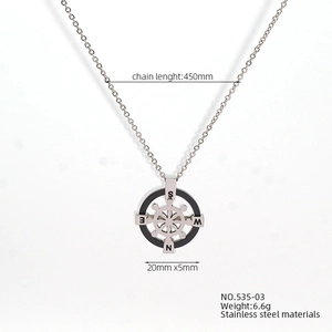 Detailed view of silver stainless steel compass pendant with 450mm chain specifications
