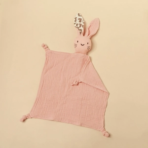 Detail of pink cotton muslin baby security blanket with leopard print bunny ears