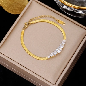 Golden stainless steel snake chain bracelet with five square cubic zirconia accents